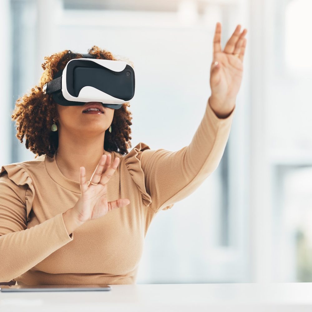 VR, touching and woman with glasses for a simulation, digital project and system. Business, ai and